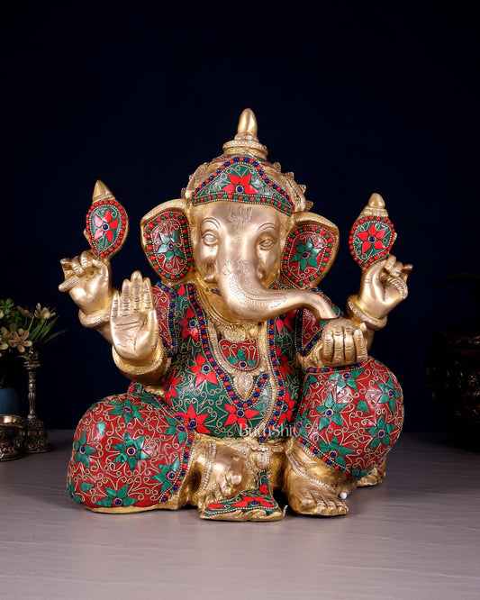Brass ganesha Chubby Idol floral stonework 13 inch | 100% Certified Copper & Brass - Sama Homes Idol - Brass Sculpture