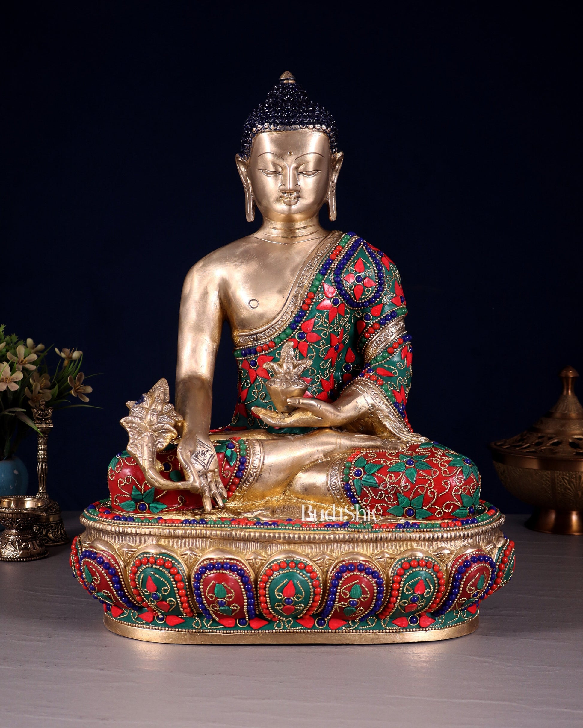 Pure Brass Buddha medicine Floral Stonework Statue - 13.5" - Sama Homes Idol - Brass Sculpture - Eco-friendly - Sama Homes