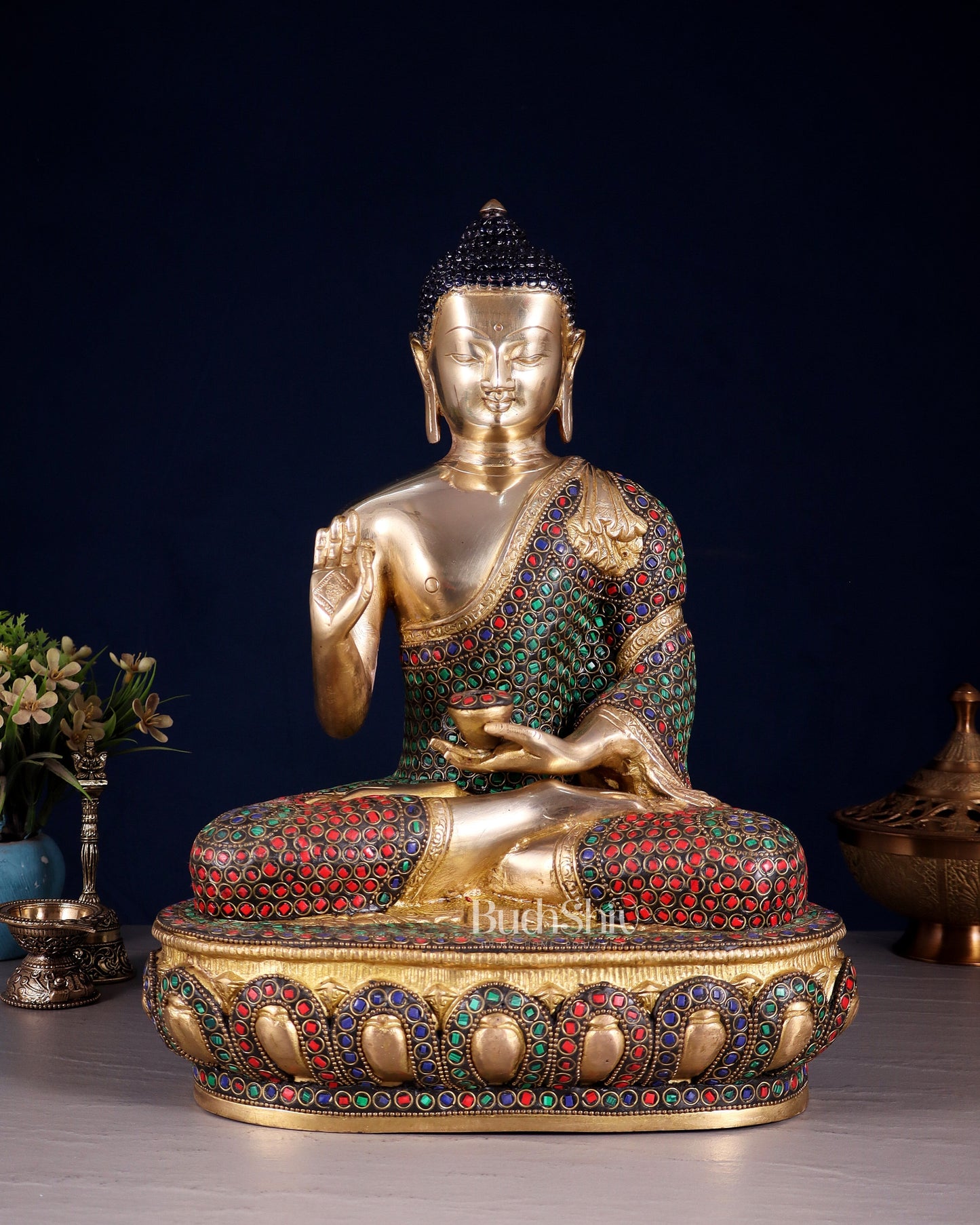 Pure Brass Buddha idol rings stonework - 13.5" - Sama Homes Idol - Brass Sculpture