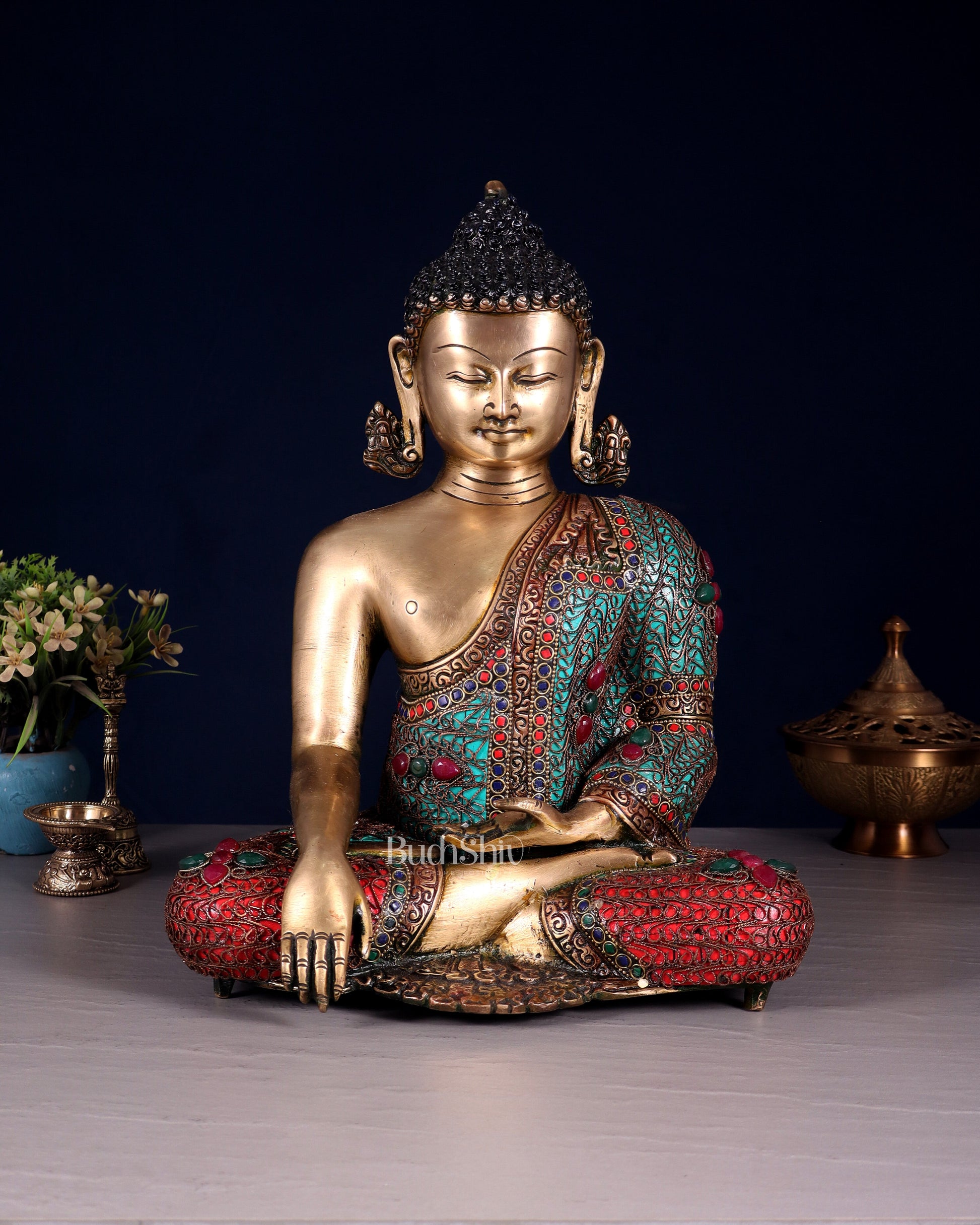 Brass Buddha with copper wire tibetan stonework Statue | 14 inch | 100% Certified Copper & Brass - Sama Homes Idol - Brass Sculpture - Eco-friendly - Sama Homes