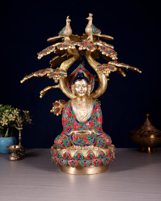 Exquisite Brass Buddha Under Tree Statue - 16.5" Floral stonework - Sama Homes Idol - Brass Sculpture