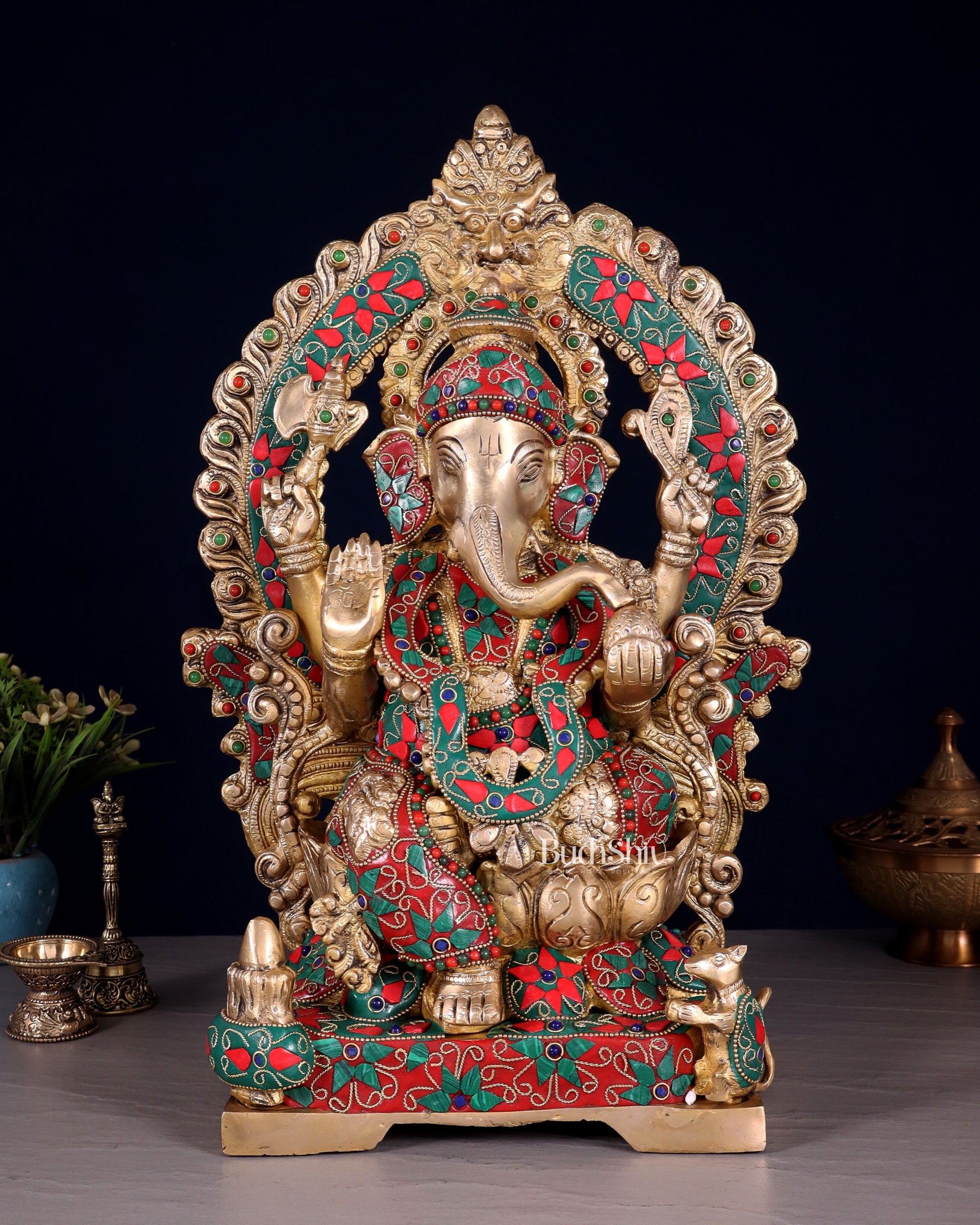 Handcrafted Ganesha Statue 18 inch floral stonework - Sama Homes Idol - Brass Sculpture - Eco-friendly - Sama Homes