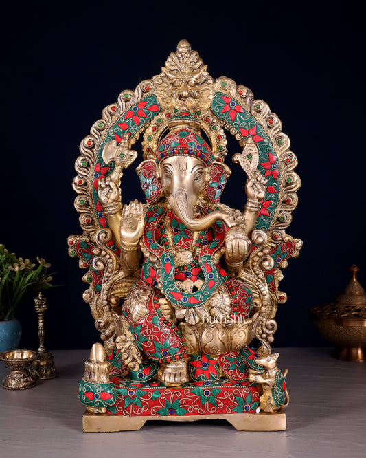 Handcrafted Ganesha Statue 18 inch floral stonework - Sama Homes Idol - Brass Sculpture