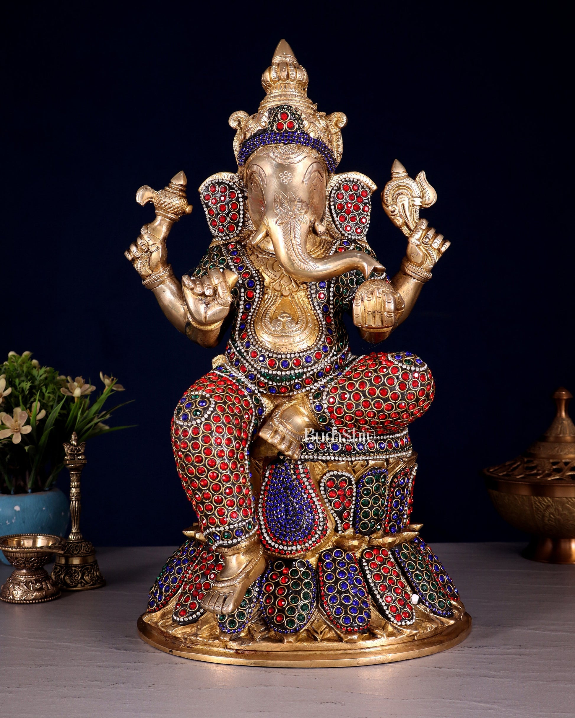 Handcrafted Brass Lord Ganesha Statue - 15" with jewellers meenakari - Sama Homes Idol - Brass Sculpture - Eco-friendly - Sama Homes