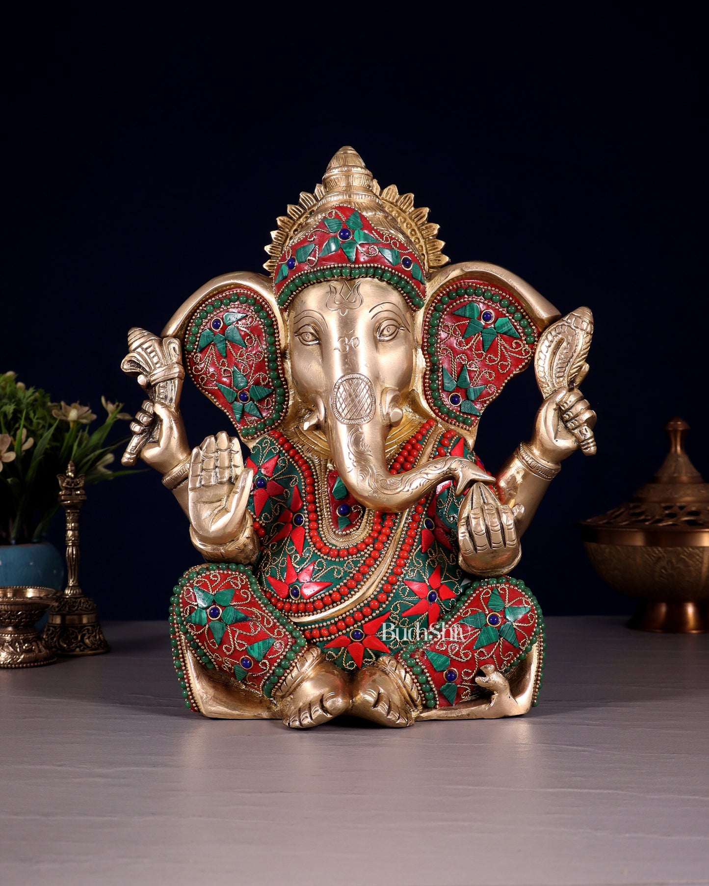 Brass Lord Ganesha Statue with Floral Stonework - 10" | 100% Certified Copper & Brass - Sama Homes Idol - Brass Sculpture