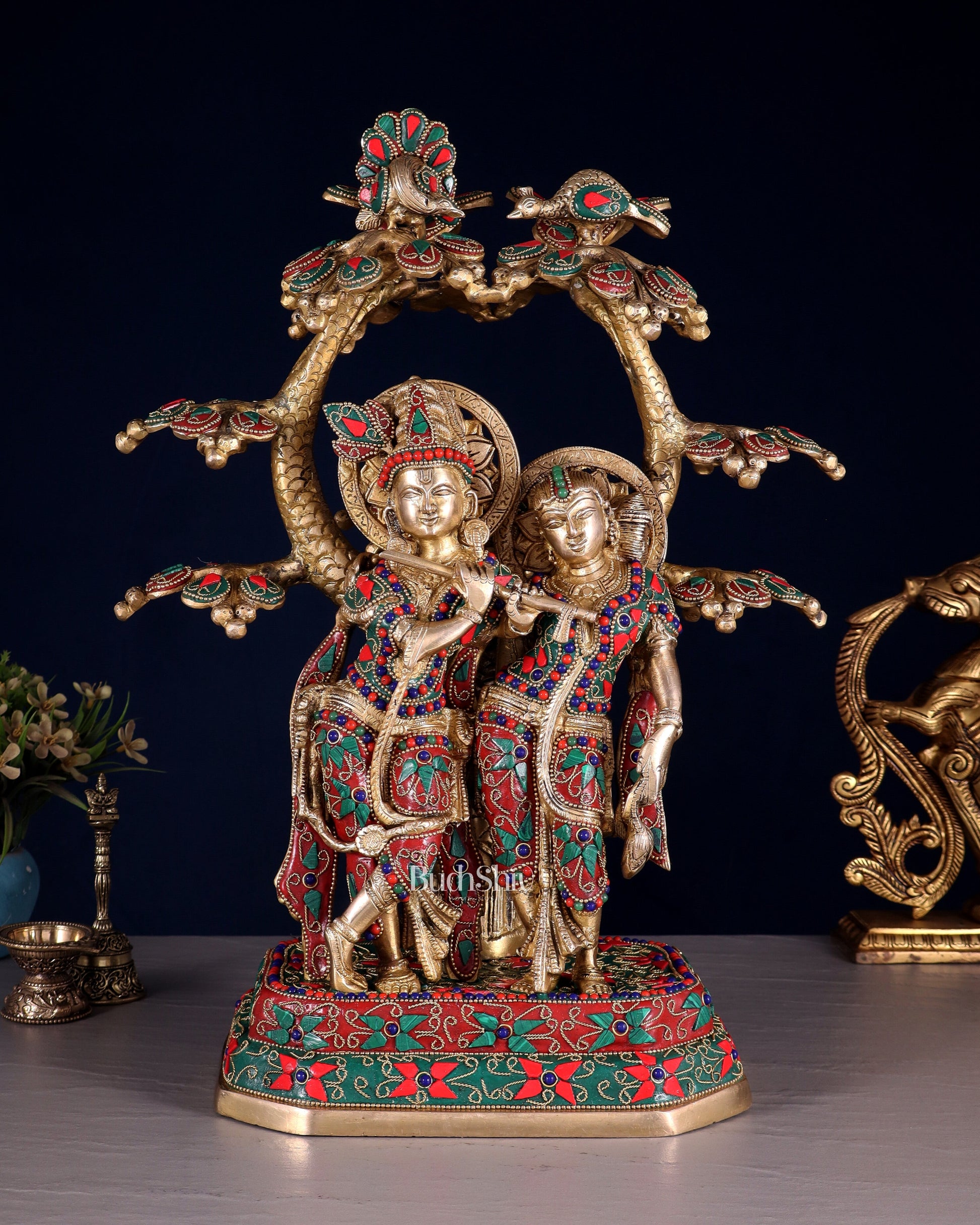 Pure Brass Radha Krishna Under Tree Statue floral Stonework 16" - Sama Homes Idol - Brass Sculpture - Eco-friendly - Sama Homes