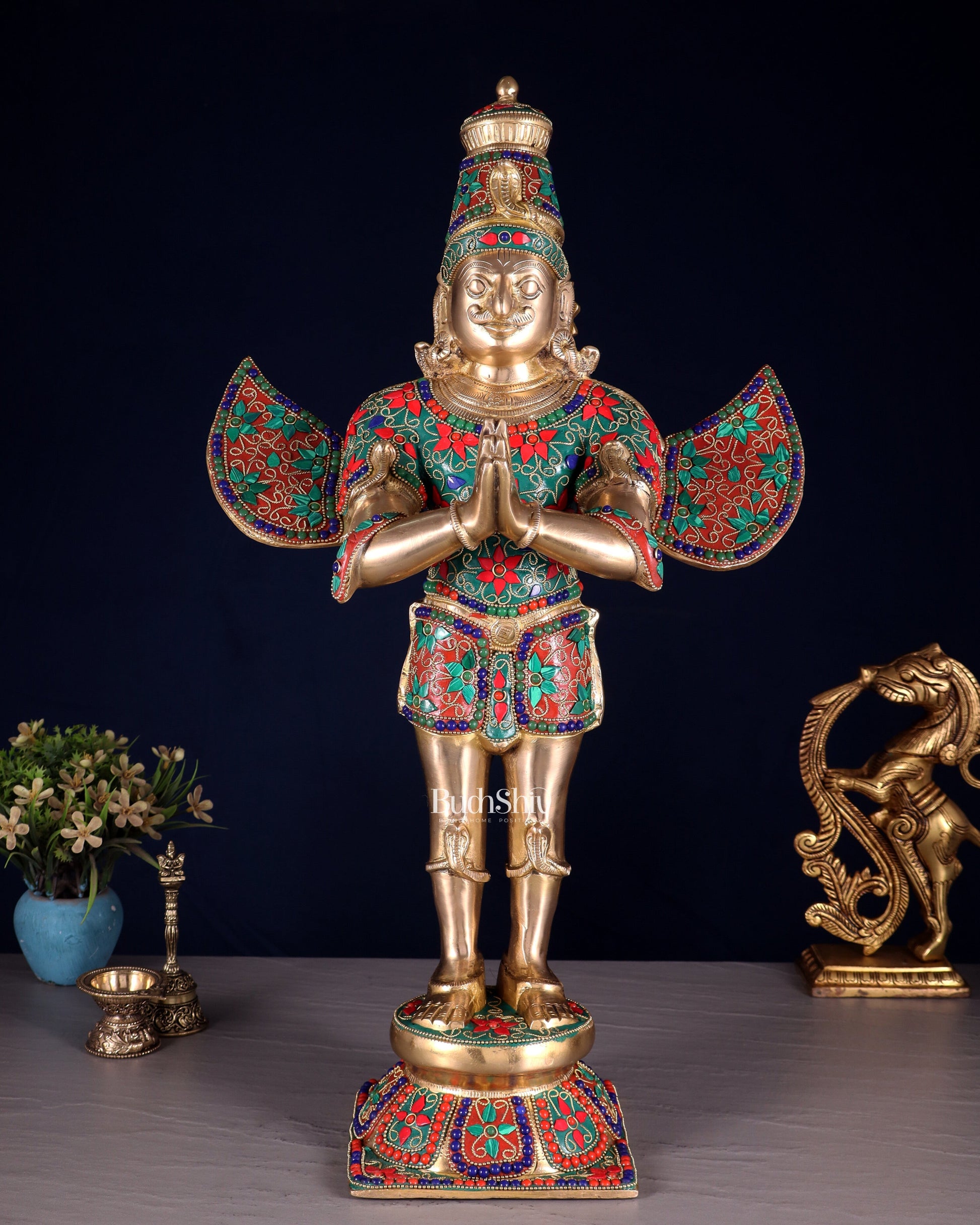 Brass standing Garuda Statue with Meenakari , 22" Tall | 100% Certified Copper & Brass - Sama Homes Idol - Brass Sculpture - Eco-friendly - Sama Homes
