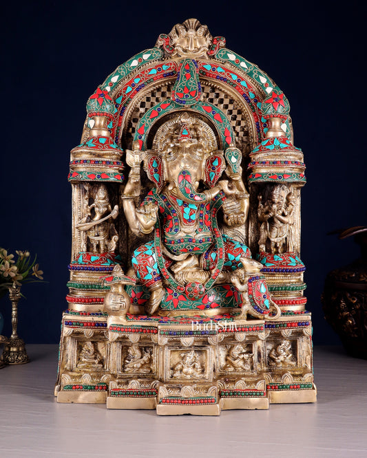 Pure Brass Temple Ganesha Idol with Lakshmi & Saraswati | Floral Stonework 18" - Sama Homes Idol - Brass Sculpture