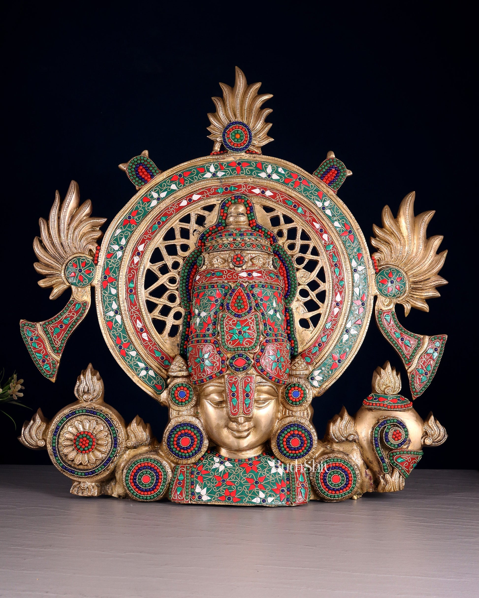 Pure Brass Large Tirupati Balaji face Bust statue | Floral Stonework 22.5" - Sama Homes Idol - Brass Sculpture - Eco-friendly - Sama Homes