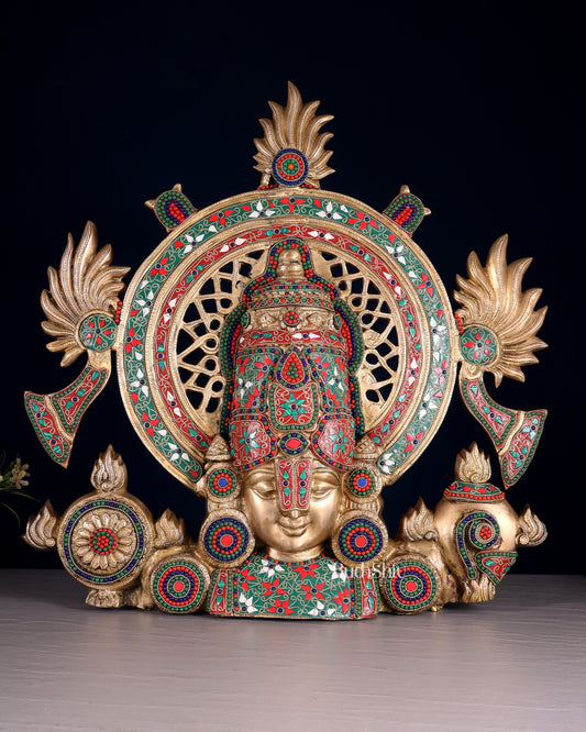 Pure Brass Large Tirupati Balaji face Bust statue | Floral Stonework 22.5" - Sama Homes Idol - Brass Sculpture