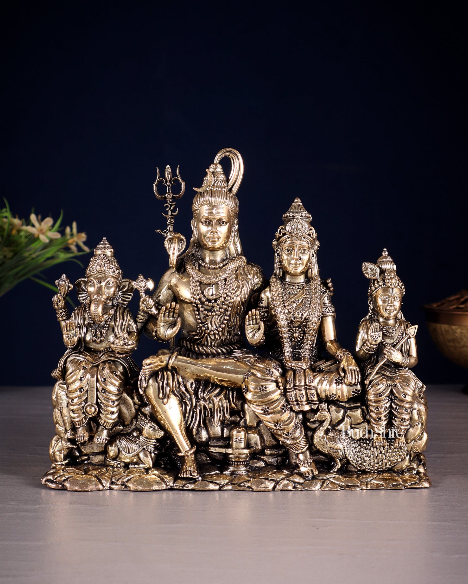 Brass Superfine Intricate Large Shiva Parivar Idol with Nandi, Peacock, Shivling & Mouse 7" - Sama Homes Idol - Brass Sculpture - Eco-friendly - Sama Homes