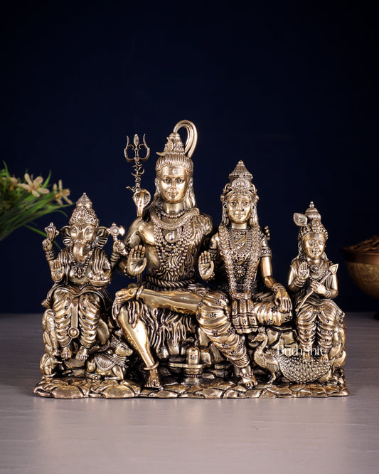 Brass Superfine Intricate Large Shiva Parivar Idol with Nandi, Peacock, Shivling & Mouse 7" - Sama Homes Idol - Brass Sculpture