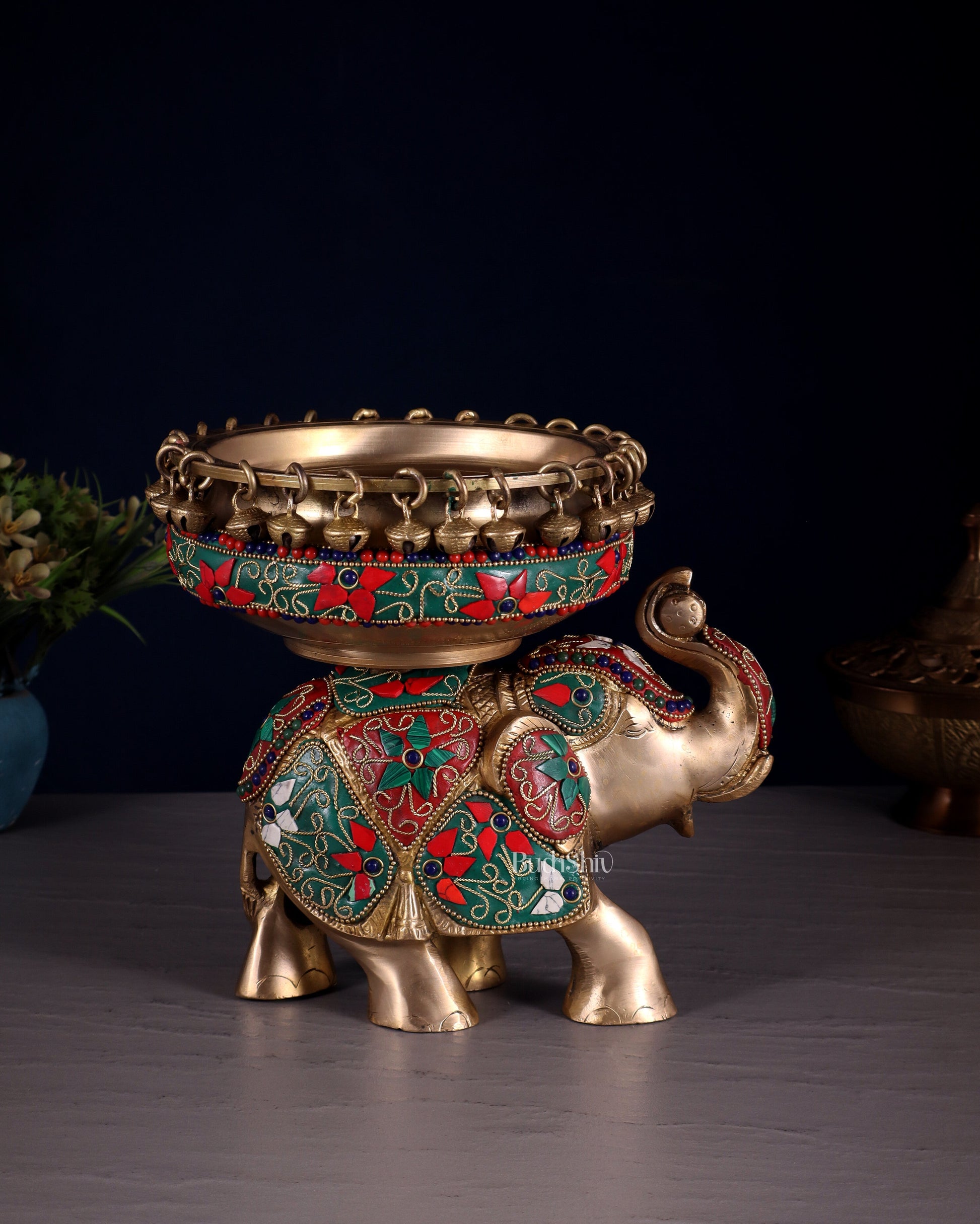 Engraved Elephant brass urli floral stonework 7" – Sama Homes - Eco-friendly - Sama Homes