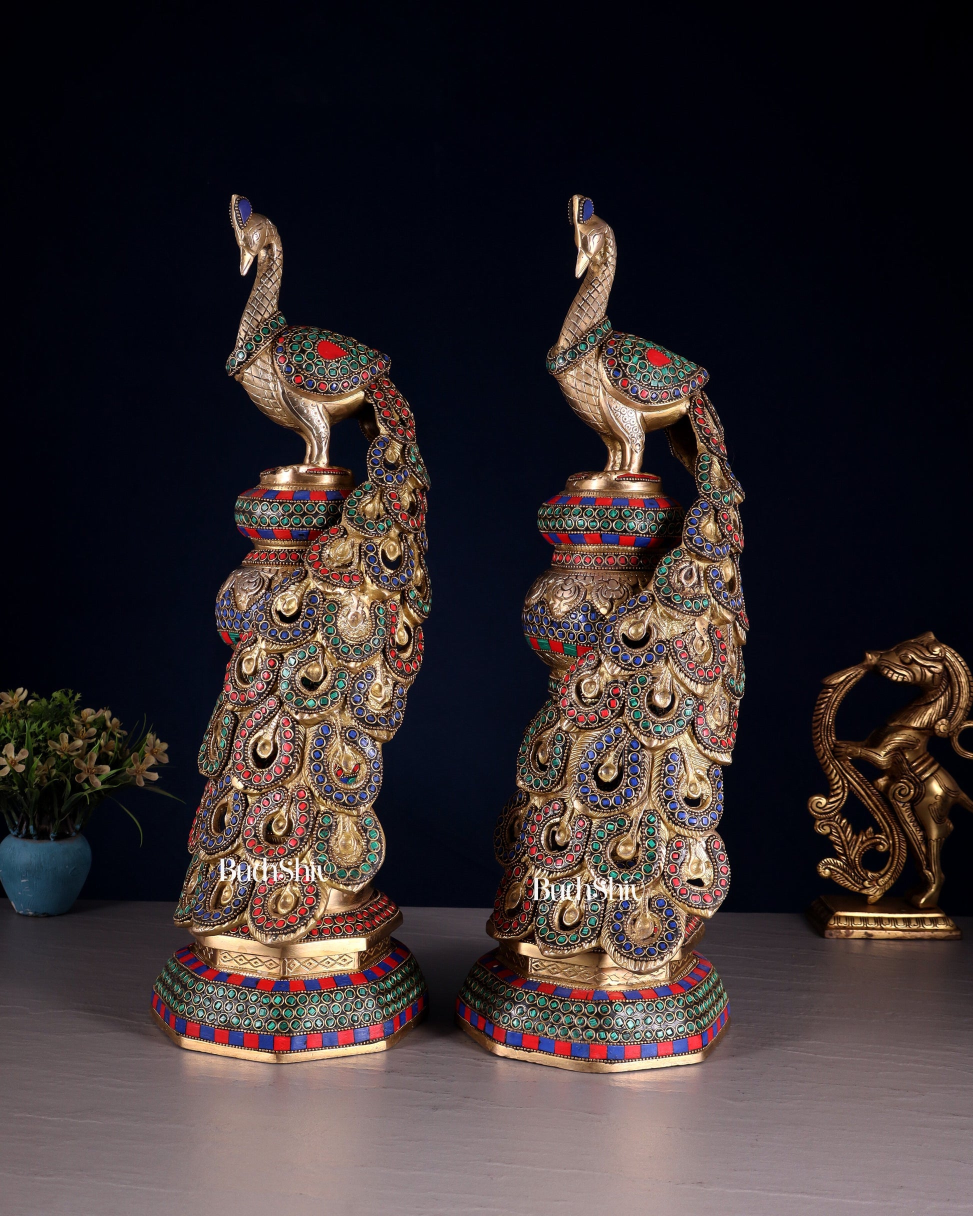 Large brass Peacock Showpiece with ring stonework - 20 Inch pair - Eco-friendly - Sama Homes