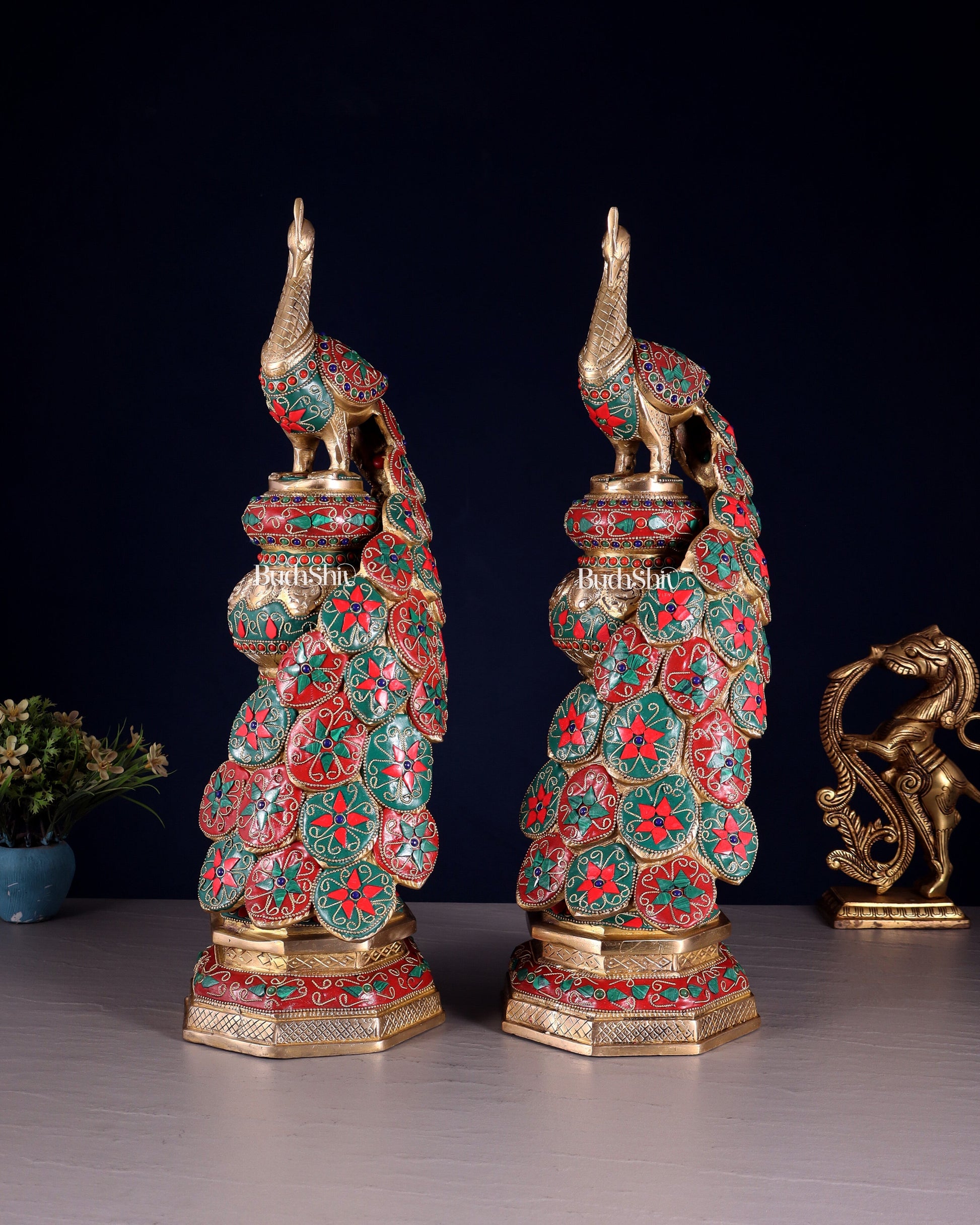 Large brass Peacock Showpiece floral stonework - 20 Inch pair - Eco-friendly - Sama Homes