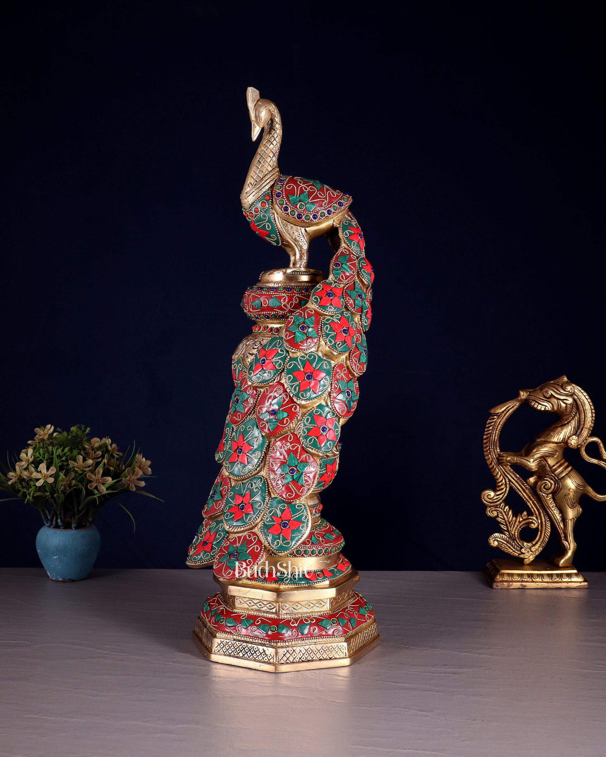 Large brass Peacock Showpiece with floral stonework- 20 Inch - Eco-friendly - Sama Homes
