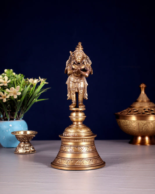 Handcrafted Bronze Garuda and Hanuman strong Hand Bell 8" - Sama Homes Idol - Brass Sculpture