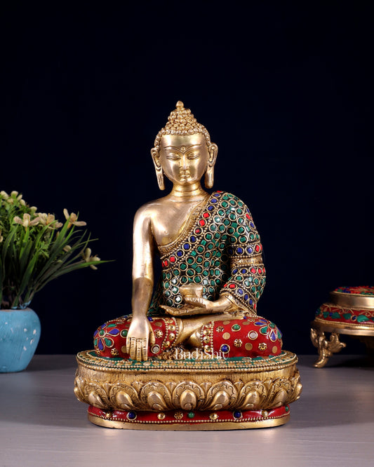 Brass Buddha bhoomisparsha Idol - 9 Inch | 100% Certified Copper & Brass - Sama Homes Idol - Brass Sculpture