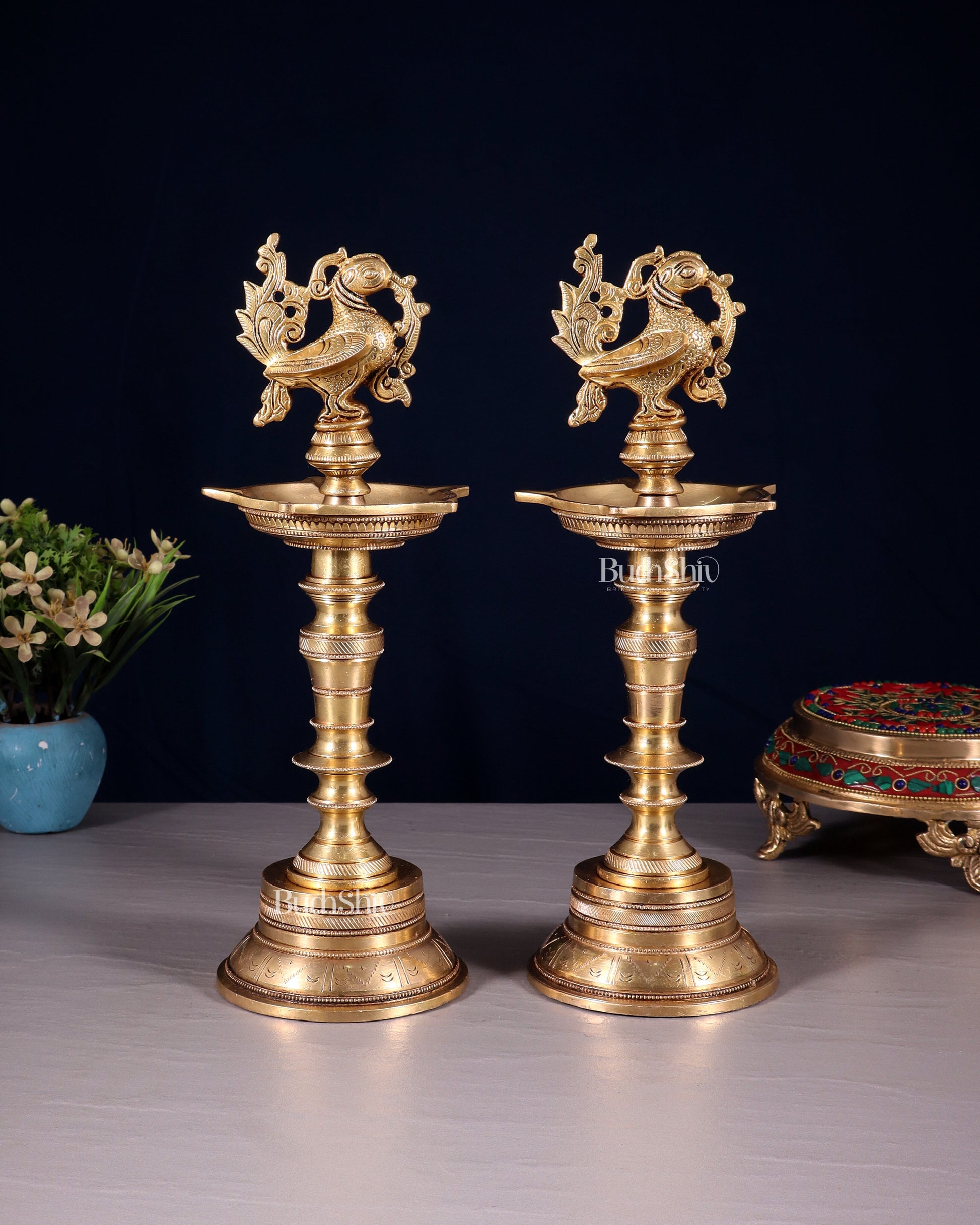 Elegant Brass Peacock Oil Lamps (Set of 2) 12 inch - Eco-friendly - Sama Homes