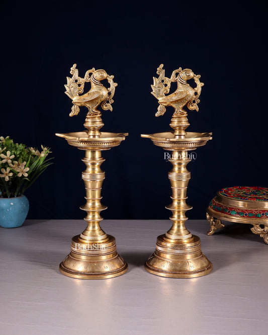 Elegant Brass Peacock Oil Lamps (Set of 2) 12 inch