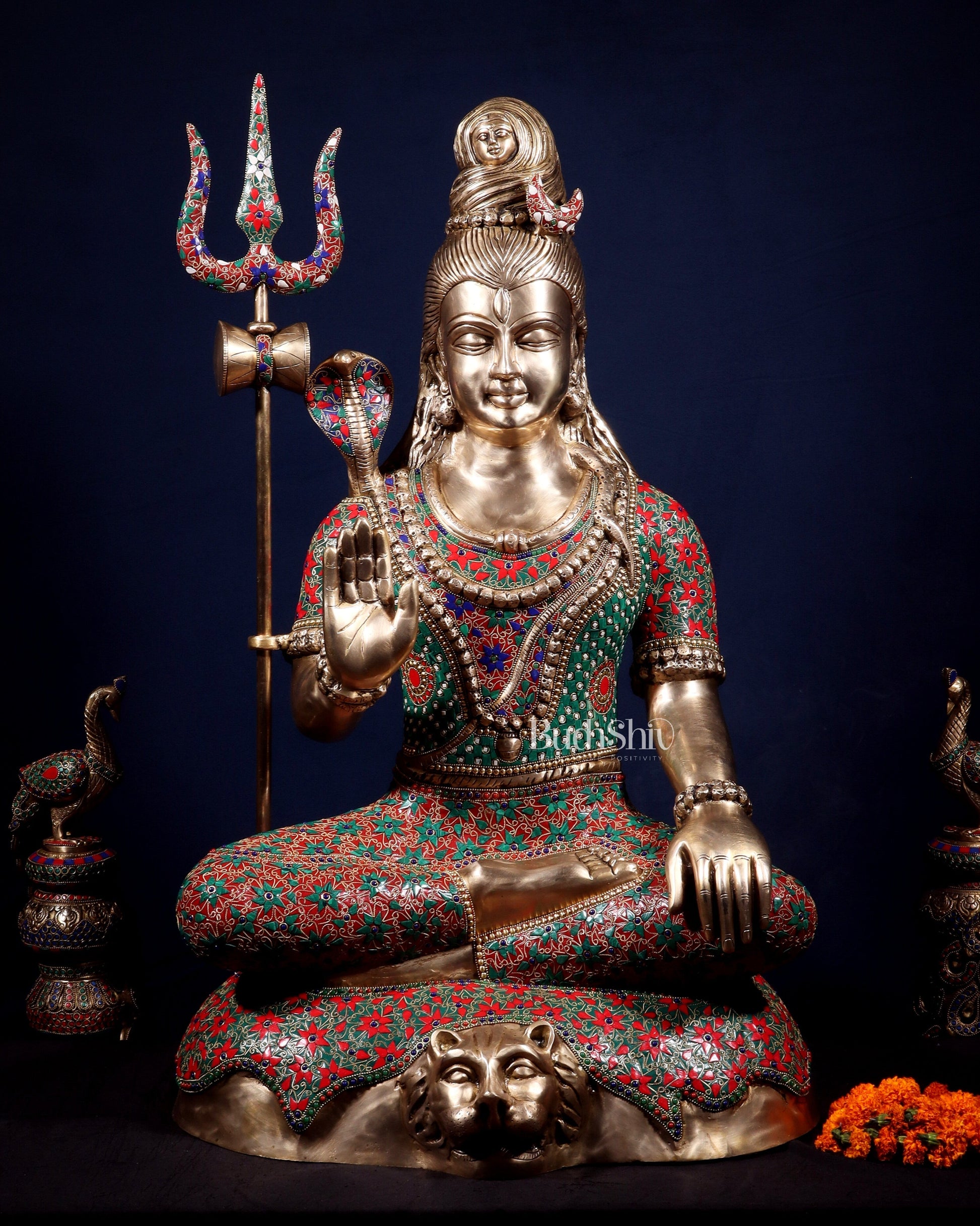 Brass Lord Shiva Statue in Aashirwaad Mudra - 36" | 100% Certified Copper & Brass - Sama Homes Idol - Brass Sculpture - Eco-friendly - Sama Homes