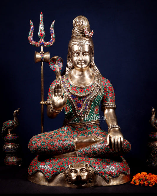 Brass Lord Shiva Statue in Aashirwaad Mudra - 36" | 100% Certified Copper & Brass - Sama Homes Idol - Brass Sculpture
