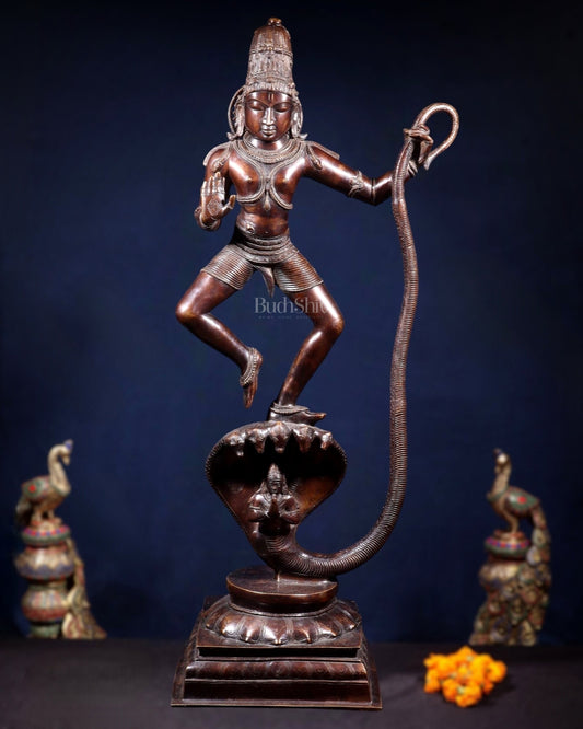 Large Brass Krishna Dancing on Kaliya Naag – 42” Chola Replica - Sama Homes Idol - Brass Sculpture