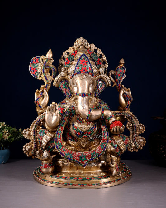 Brass Lord Ganesha Idol with Floral Stonework 19.5" | 100% Certified Copper & Brass - Sama Homes Idol - Brass Sculpture