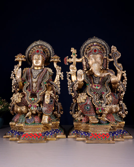 Majestic Pure Brass Ganesha & Lakshmi Idols – 18" jewellers meenakari - Sama Homes Idol - Brass Sculpture