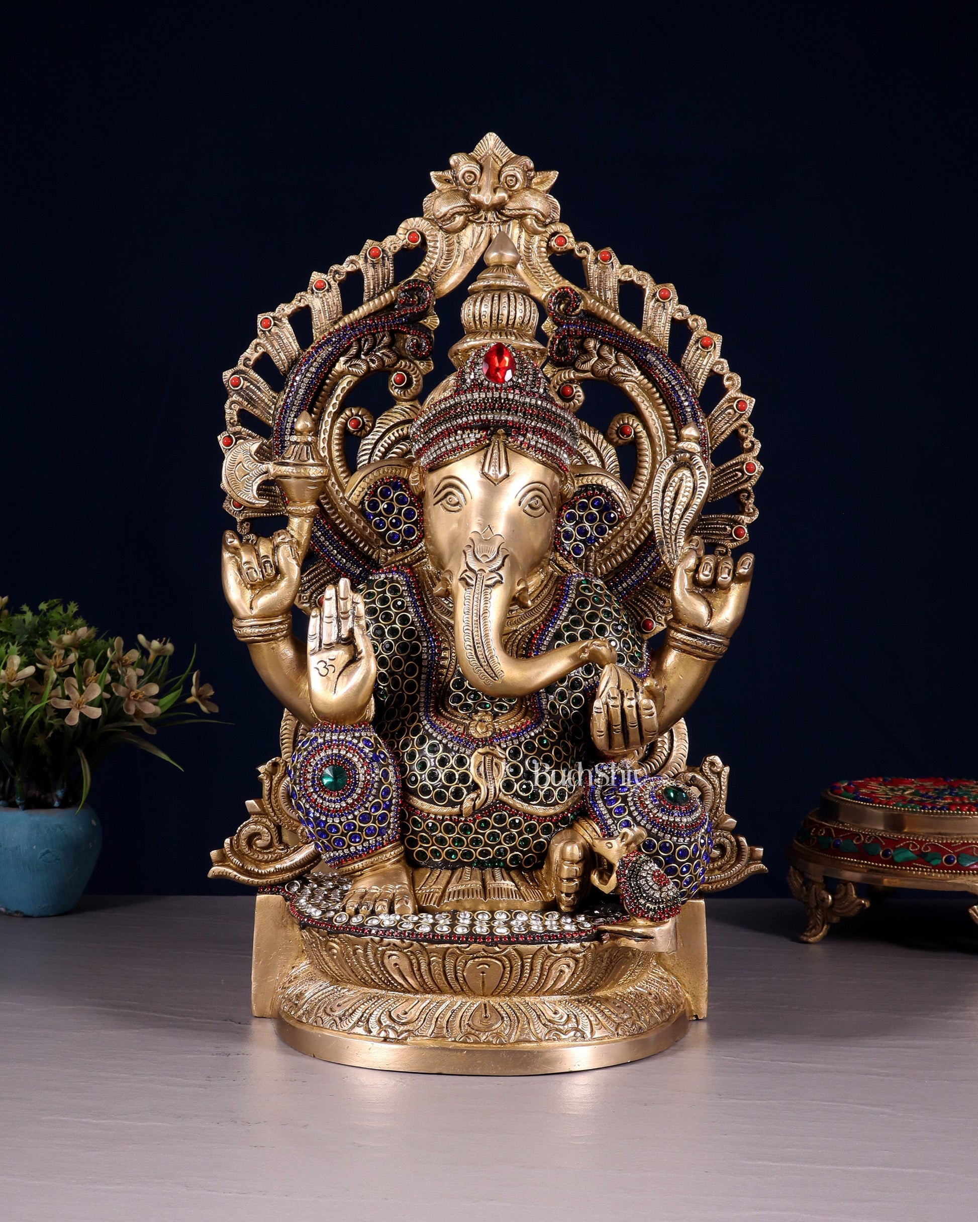 Brass Ganesha Statue with jewellers meenakari and Prabhavali 14" | 100% Certified Copper & Brass - Sama Homes Idol - Brass Sculpture - Eco-friendly - Sama Homes