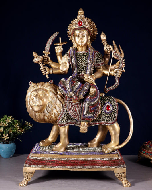 Brass Large Superfine Durga Mata Statue with jewellery work - 21 inch | 100% Certified Copper & Brass - Sama Homes Idol - Brass Sculpture
