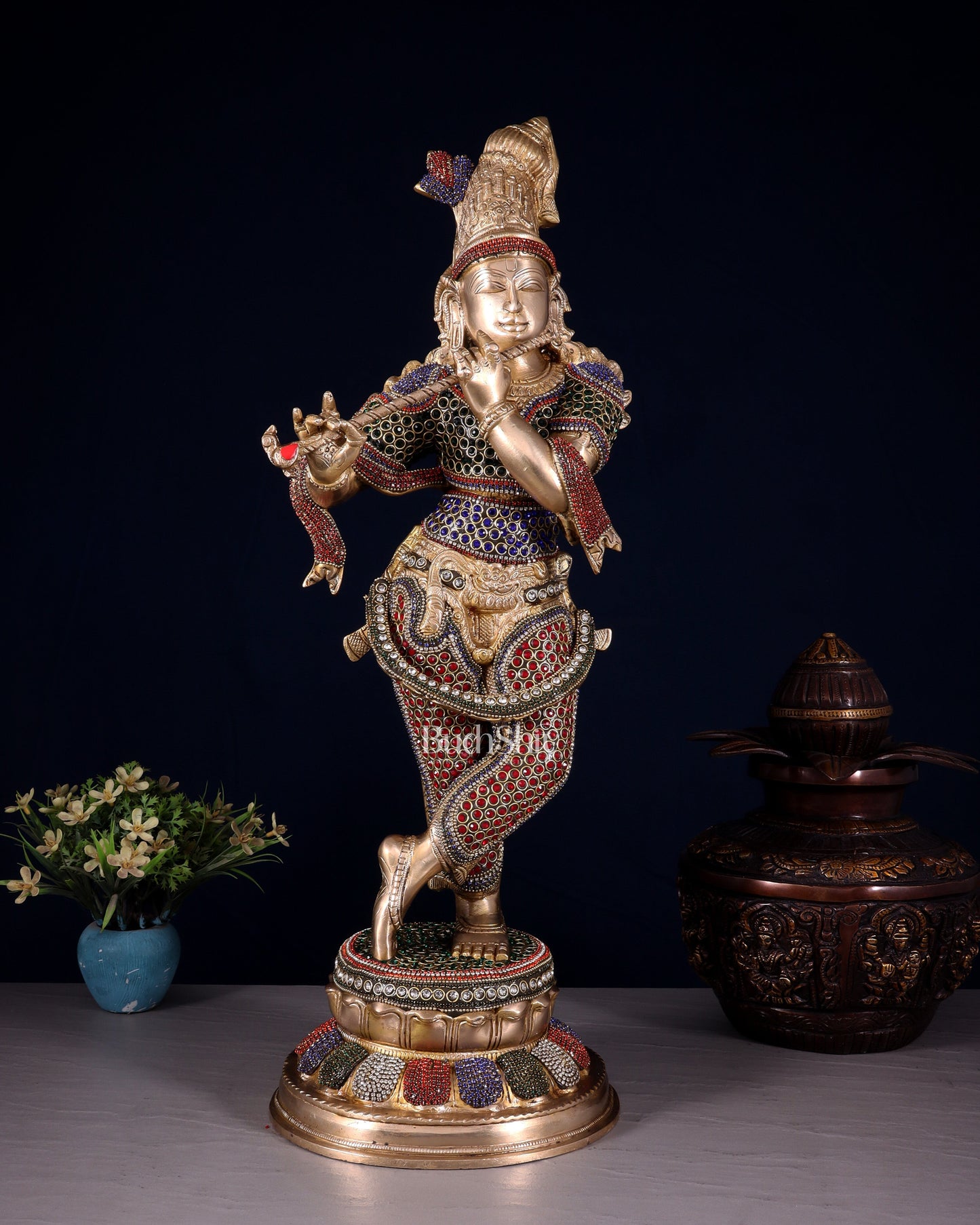 Pure Brass Lord Krishna Statue jewel work 22 inch - Sama Homes Idol - Brass Sculpture