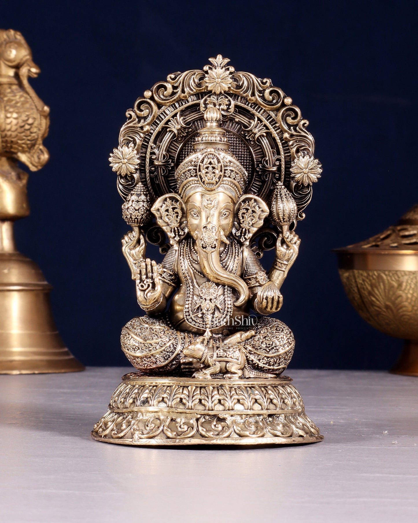 Intricate Brass Superfine Ganesha on Throne Idol 5.25" - Sama Homes Idol - Brass Sculpture