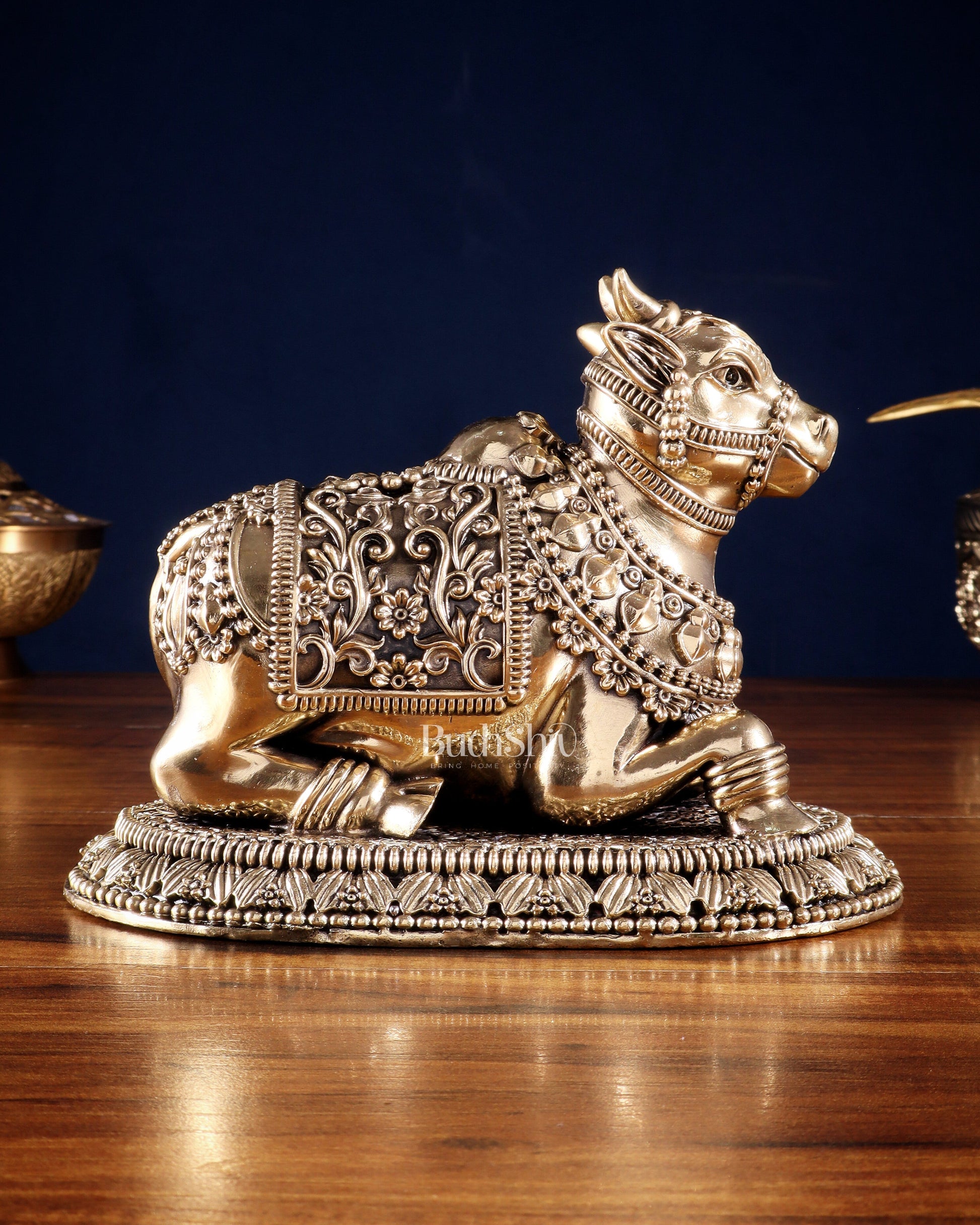 Pure Brass Intricate Large Nandi with Superfine Carvings 8' - Sama Homes Idol - Brass Sculpture - Eco-friendly - Sama Homes