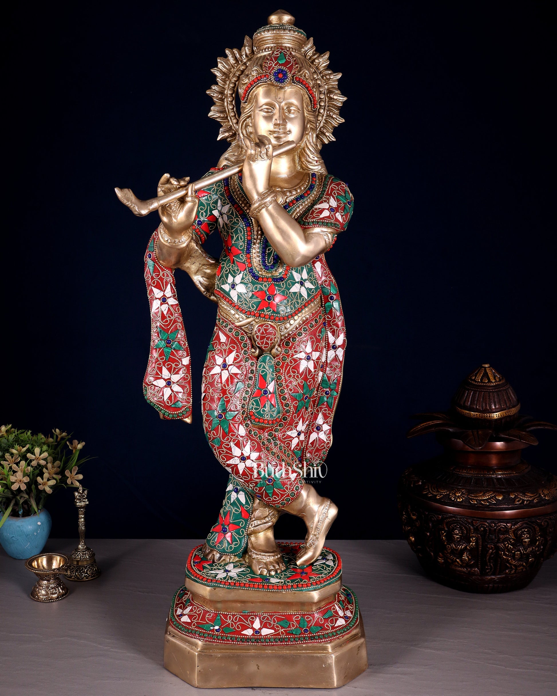 Pure Brass Lord Krishna Statue with Floral Stonework 25" - Sama Homes Idol - Brass Sculpture - Eco-friendly - Sama Homes