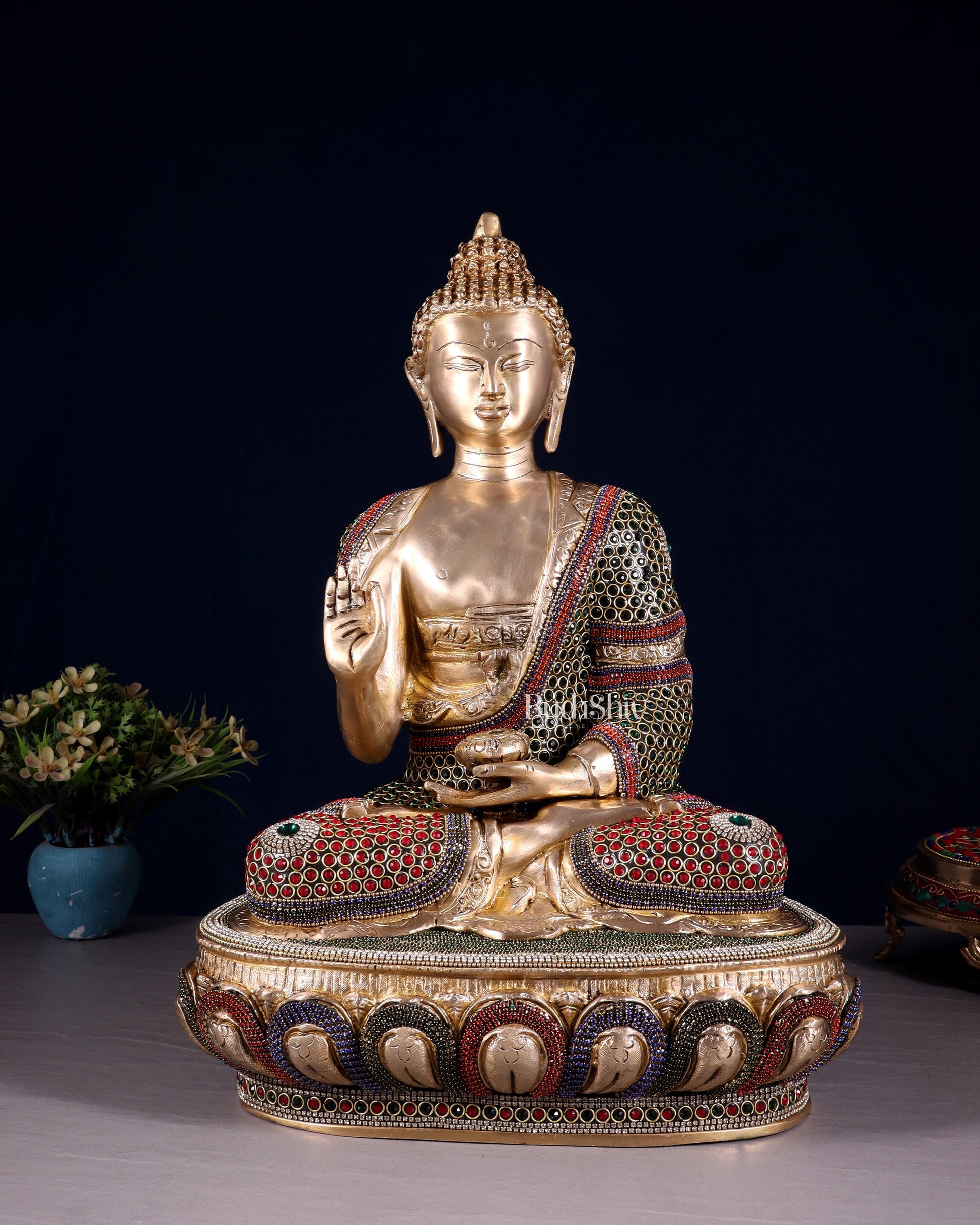 Brass Buddha aashirwad Statue 16 inch jewellers meenakari | 100% Certified Copper & Brass - Sama Homes Idol - Brass Sculpture - Eco-friendly - Sama Homes