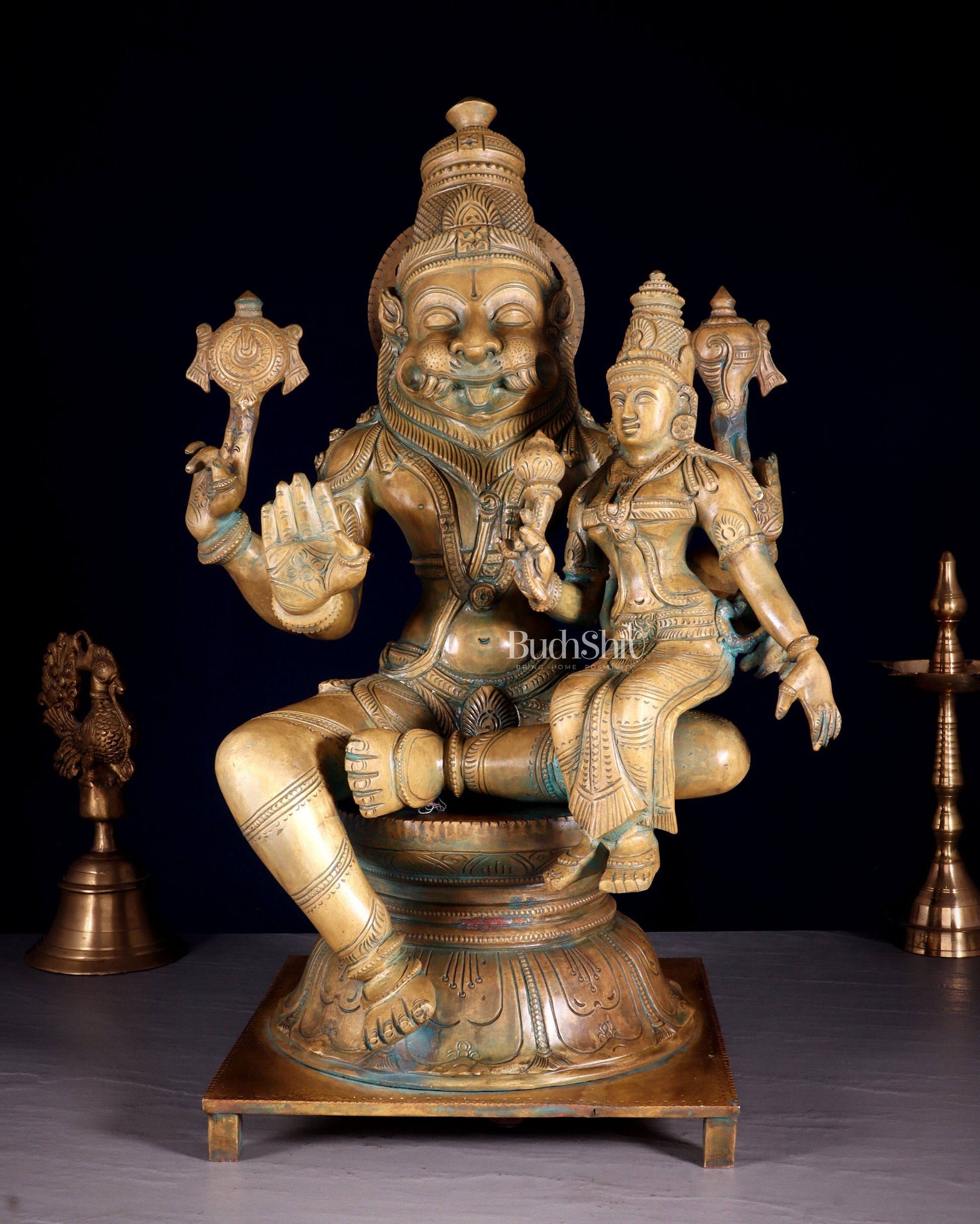 Pure Bronze Narasimha Lakshmi Statue – Vintage Chola Patina 18.5" - Sama Homes Idol - Brass Sculpture - Eco-friendly - Sama Homes