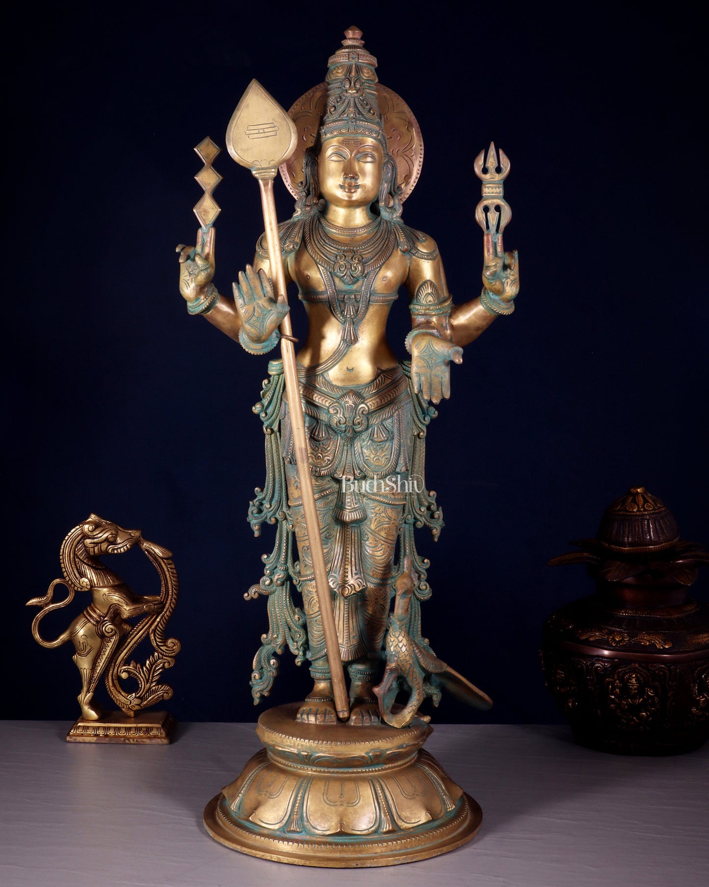 Pure Bronze Standing Murugan / Kartikeya / Kumaraswamy Sculpture – Chola Patina Finish 26.5" - Sama Homes Idol - Brass Sculpture