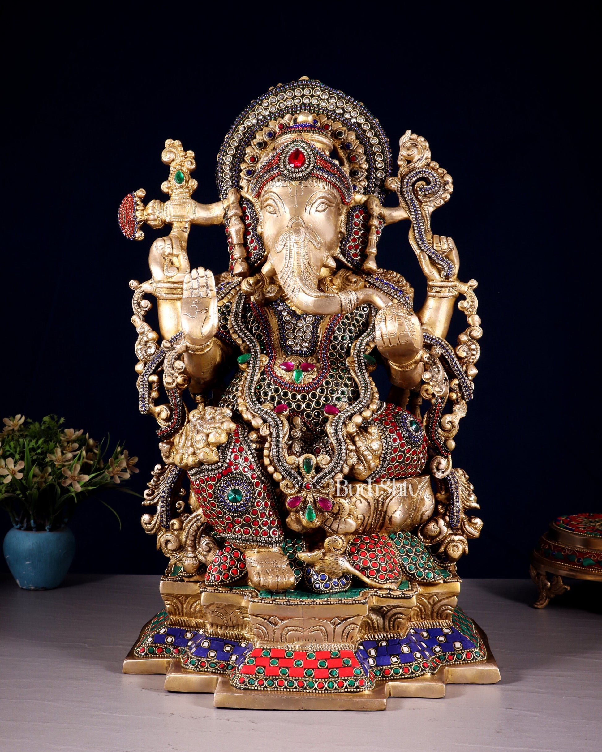 Pure Brass Lord Ganesha Idol with Jewellers Meenakari 18" - Sama Homes Idol - Brass Sculpture - Eco-friendly - Sama Homes