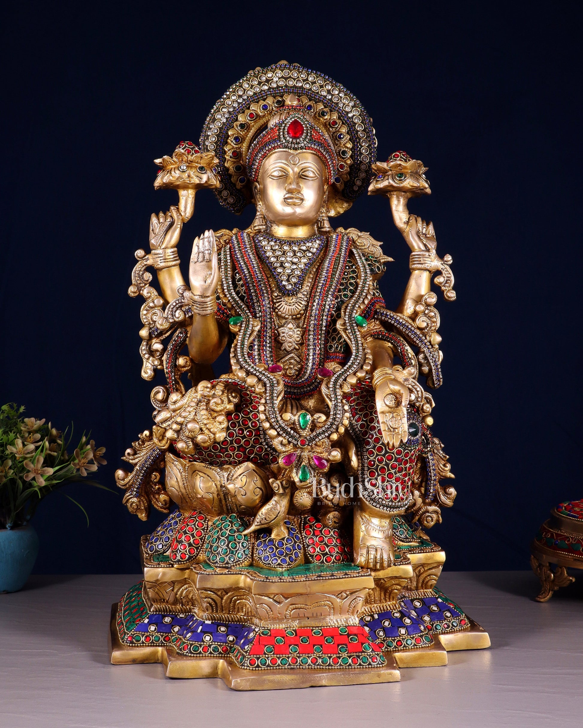 Pure Brass Goddess Lakshmi Idol with Jewellers Meenakari 18" - Sama Homes Idol - Brass Sculpture - Eco-friendly - Sama Homes