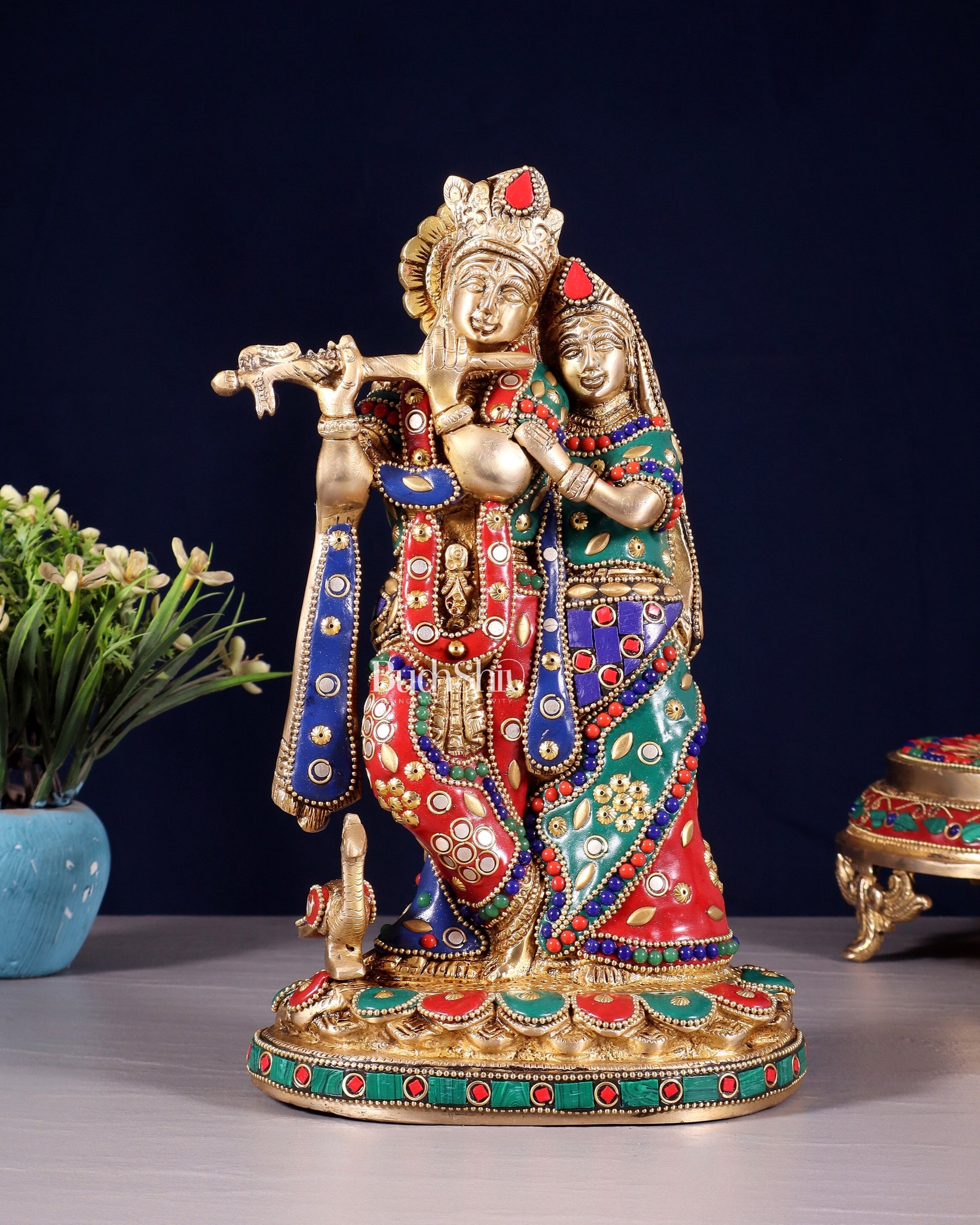 Pure Brass Radha Krishna Idol with Meenakari Stonework 10.5" - Sama Homes Idol - Brass Sculpture - Eco-friendly - Sama Homes