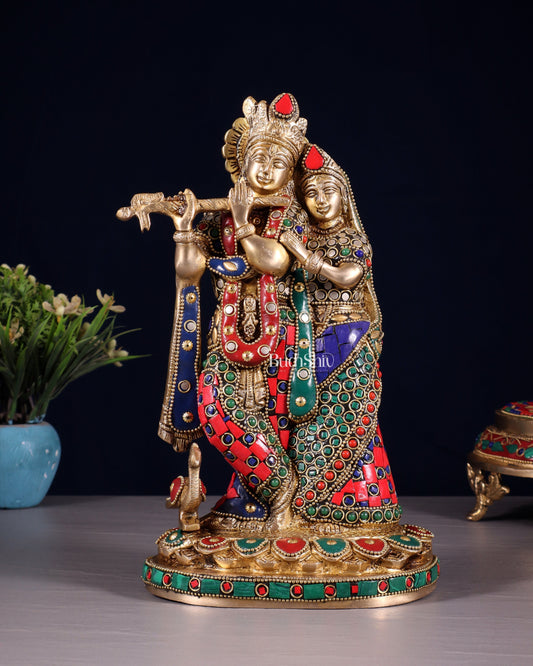 Pure Brass Radha Krishna Idol with Meenakari Stonework 10.5" - Sama Homes Idol - Brass Sculpture