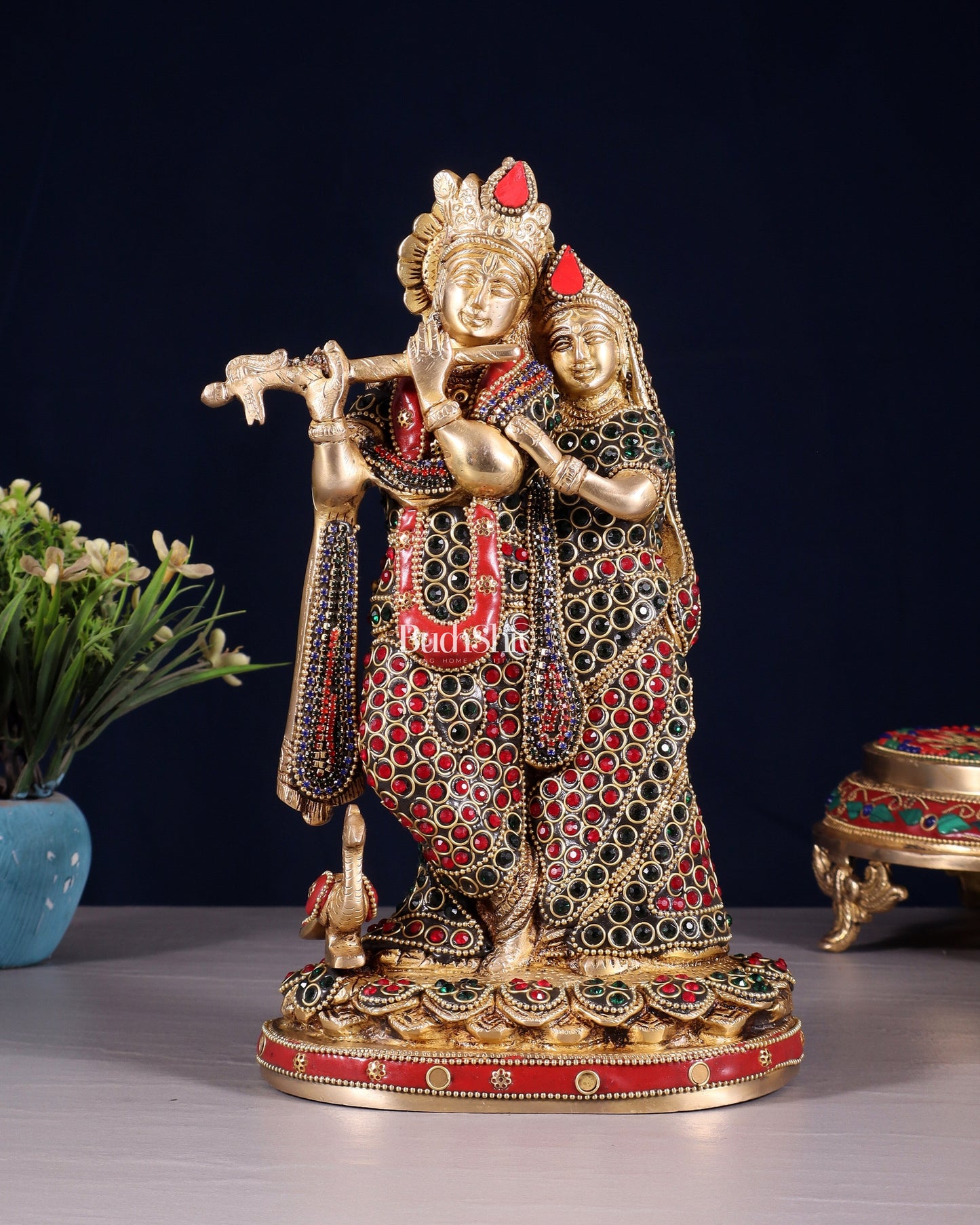Pure Brass Radha Krishna Idol with Jewels Stonework 10.5" - Sama Homes Idol - Brass Sculpture
