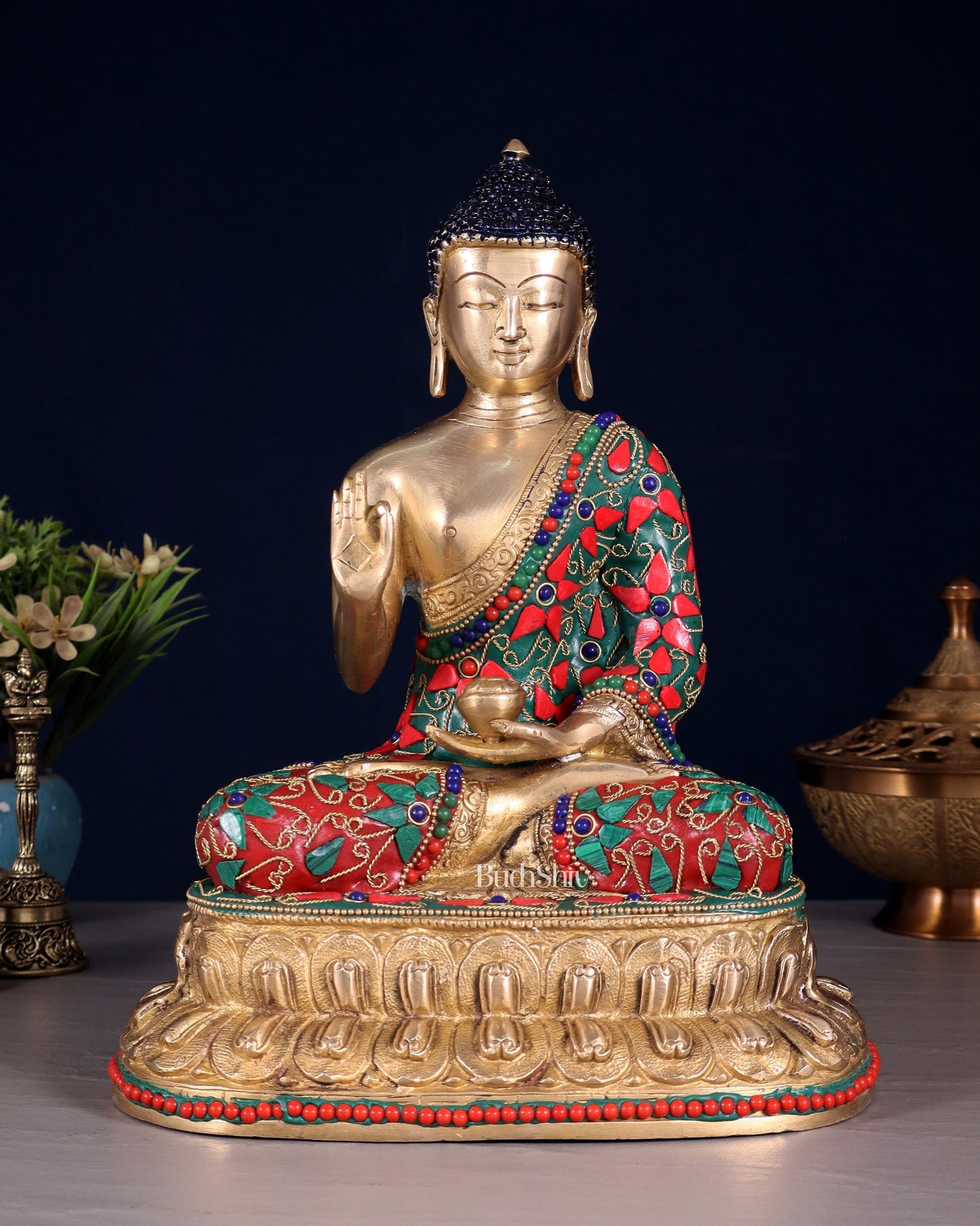 Pure Brass Buddha Idol with Floral Stonework – Unique Design 10.5" - Sama Homes Idol - Brass Sculpture