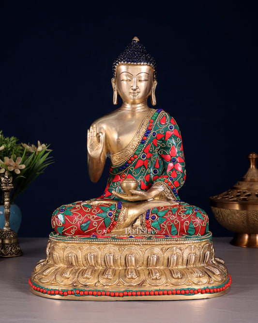 Pure Brass Buddha Idol with Floral Stonework – Unique Design 10.5" - Sama Homes Idol - Brass Sculpture
