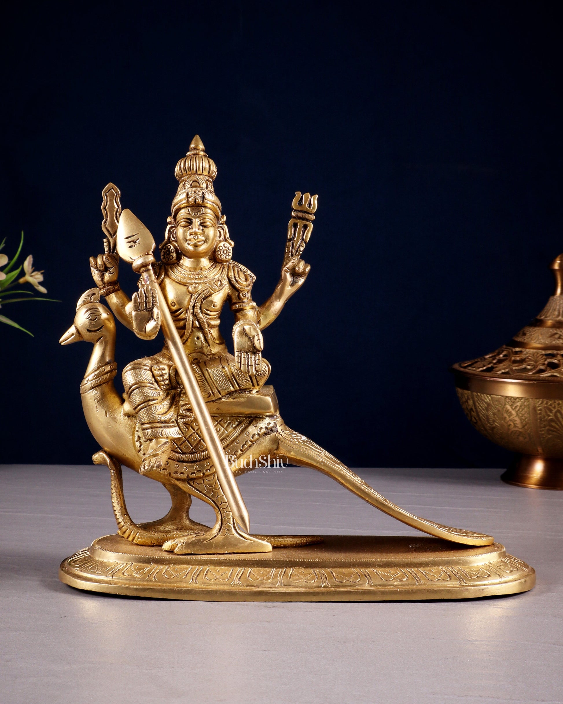 Pure Brass Lord Murugan (Kartikeya) Seated on Peacock Idol 8" - Sama Homes Idol - Brass Sculpture - Eco-friendly - Sama Homes