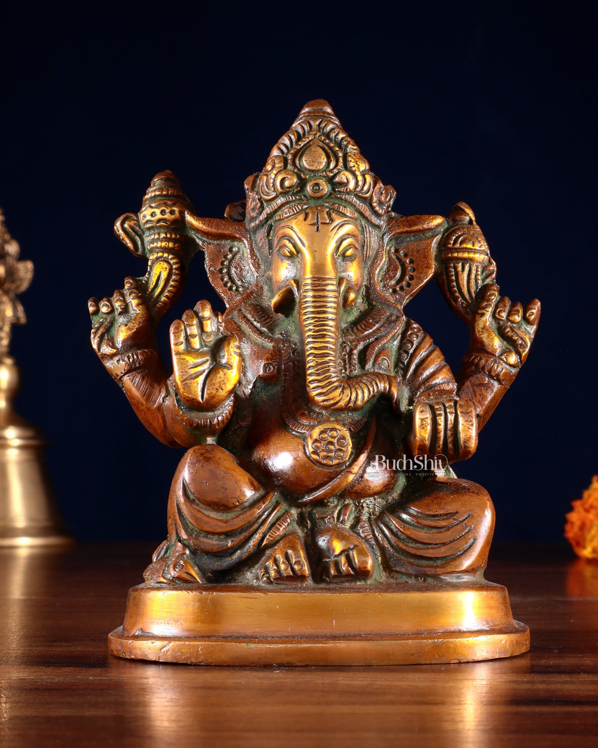 Pure Brass Ganesha Statue dual tone 5" - Sama Homes Idol - Brass Sculpture - Eco-friendly - Sama Homes