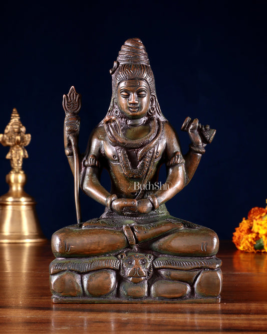 Brass Mahadev in Meditation – Lord Shiva Statue Bronze tone 5" | 100% Certified Copper & Brass - Sama Homes Idol - Brass Sculpture