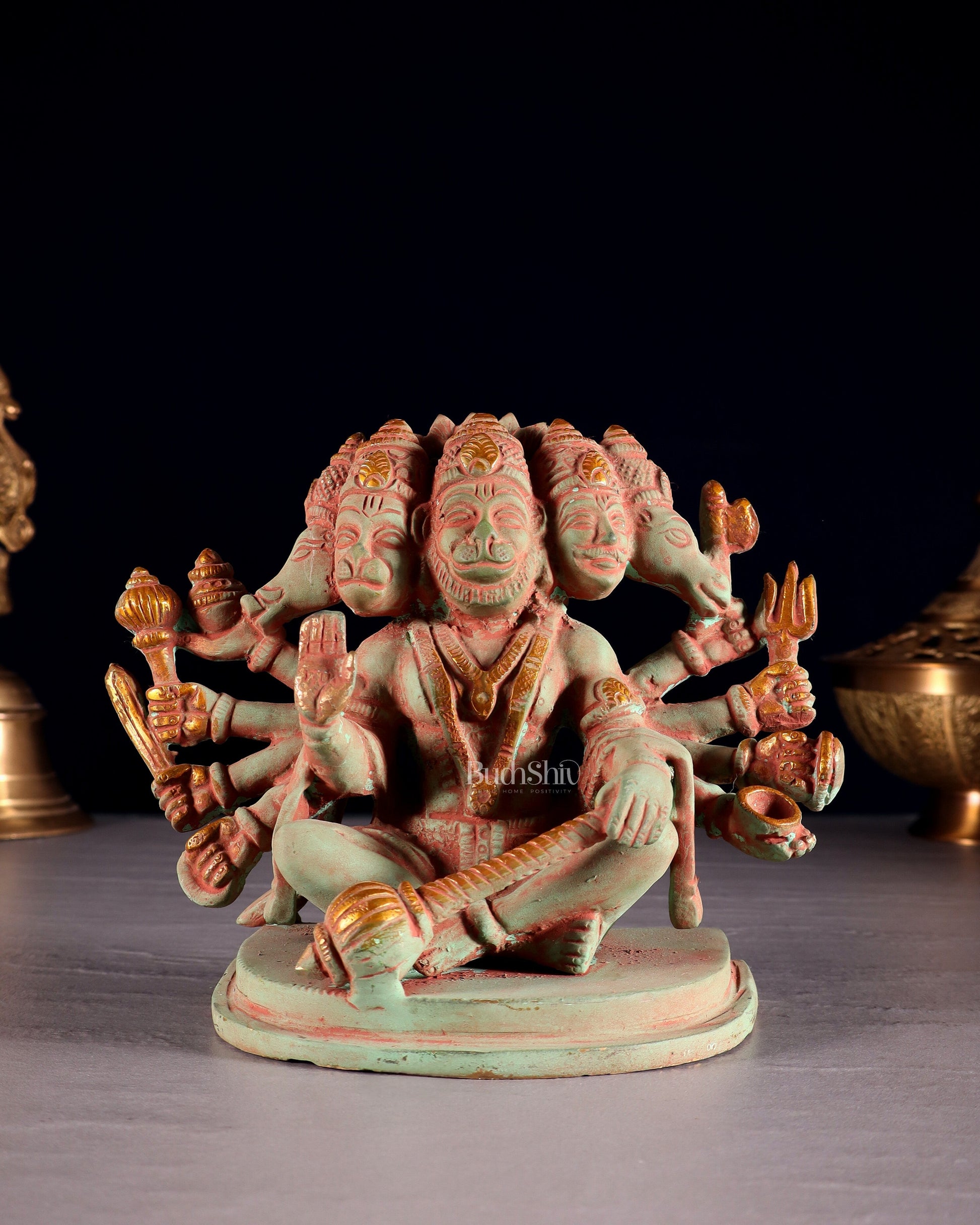 Brass Superfine Panchmukhi Hanuman idol 6 inch green tone - Sama Homes Idol - Brass Sculpture - Eco-friendly - Sama Homes