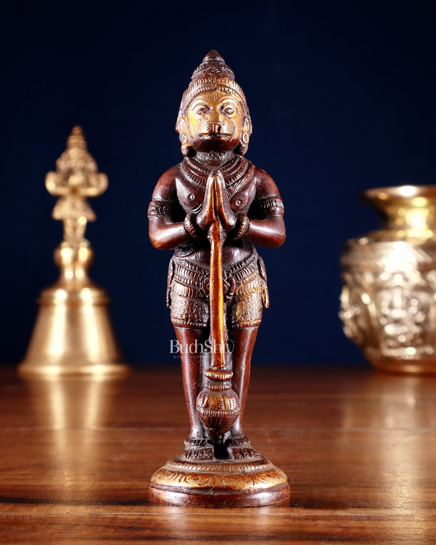 Pure Brass Standing Hanuman Ji in Namaskar 5Mudra – Dual Tone 5.2" - Sama Homes Idol - Brass Sculpture
